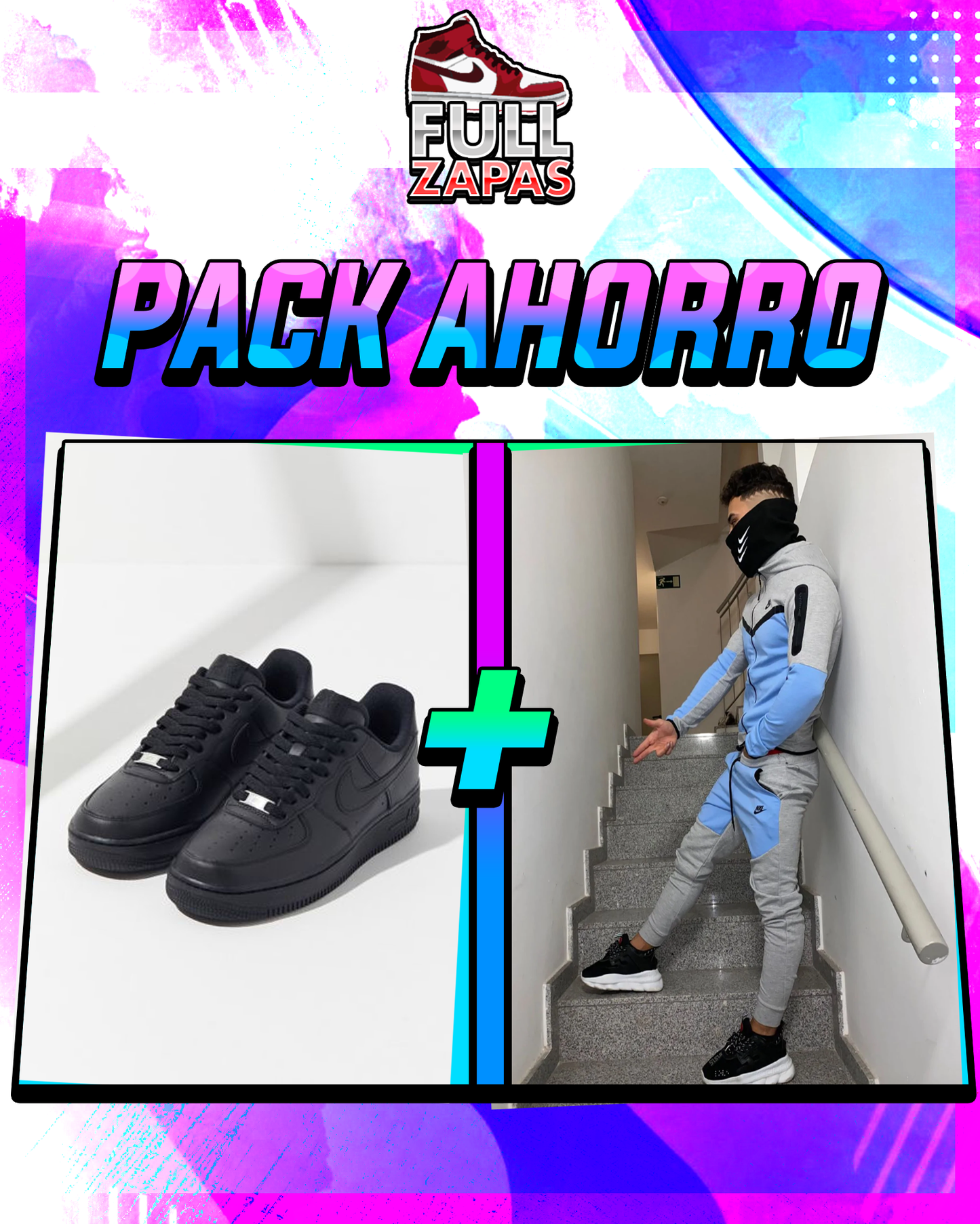 Oferta de NIKE AIR FORCE 1 ’07 Negras + Nike Tech Gris y Azul